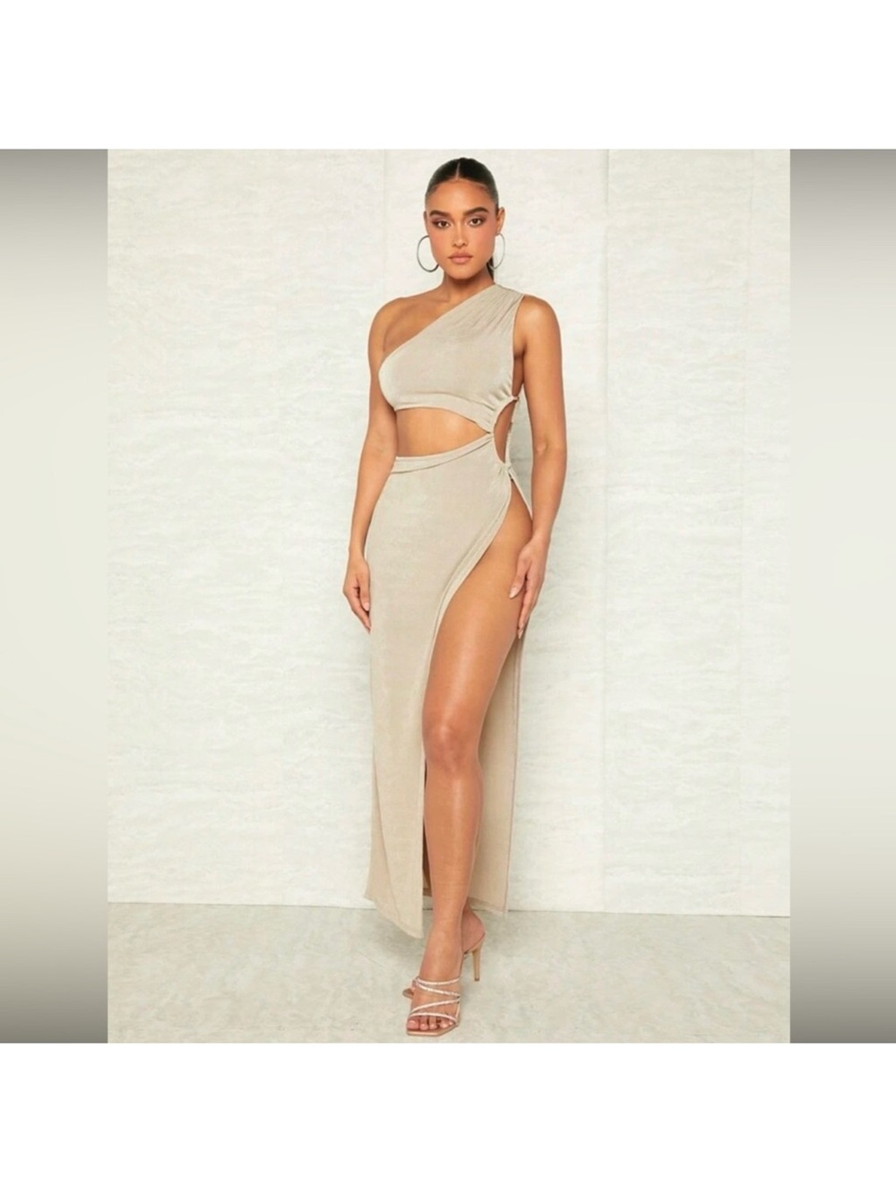 One-Shoulder Cutout Maxi Dress in Beige
